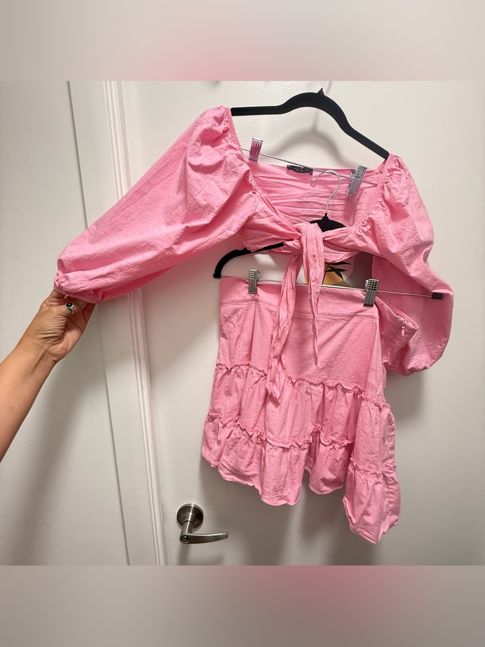 100% Cotton Trendyol Pink Tie-Front Puff Sleeve Top & Tiered Mini Skirt Set M/L
